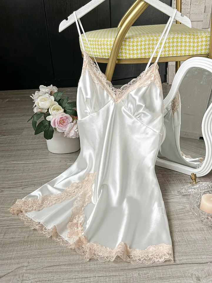white silk night dress Petite Plume Women's Silk Lace Slip Dress in White M