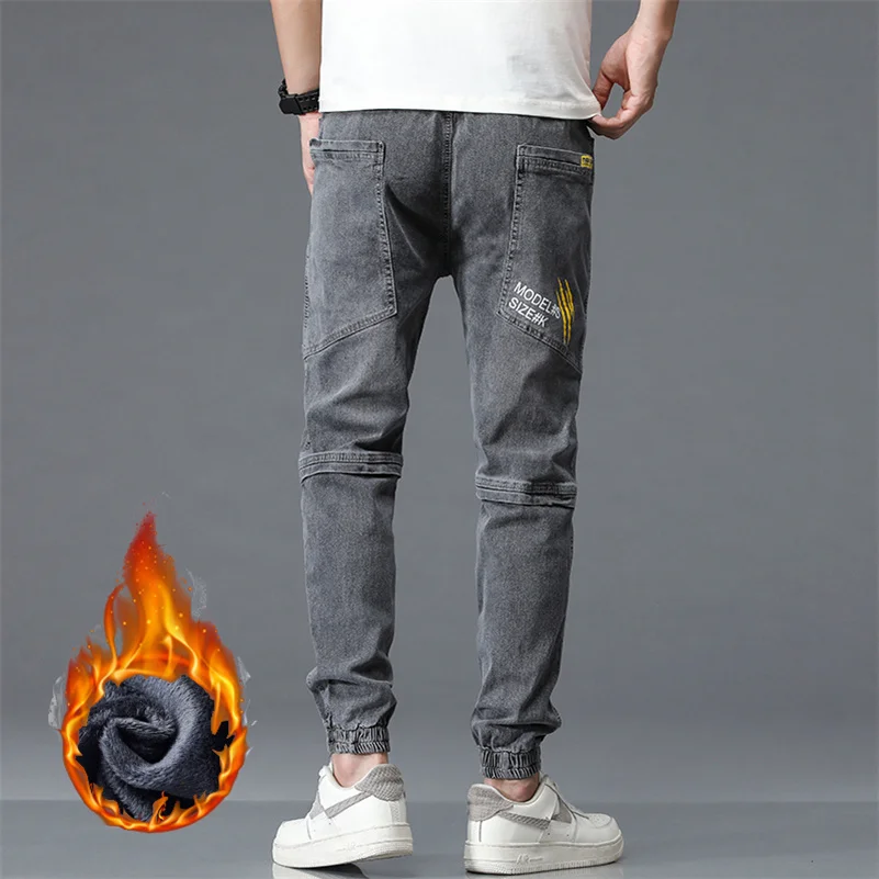 New Winter Men Warm Thermal Black Blue Cargo Jeans Fleece Streetwear Denim Jogger Pants pantaloni larghi Harem in pelliccia spessa Plus Size