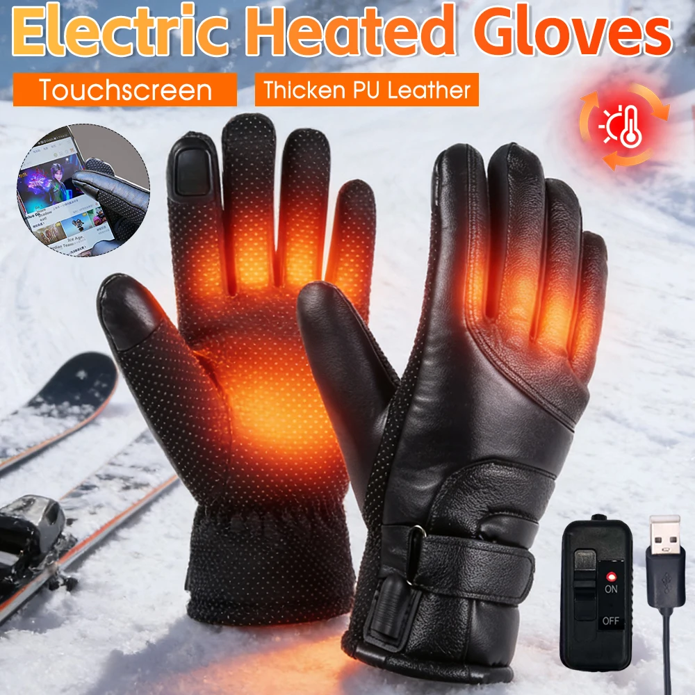 Gants chauffants USB PU hiver gants chauffants électriques gants chauffants en cuir hiver gants chauds en plein air pour la pêche équitation cyclisme