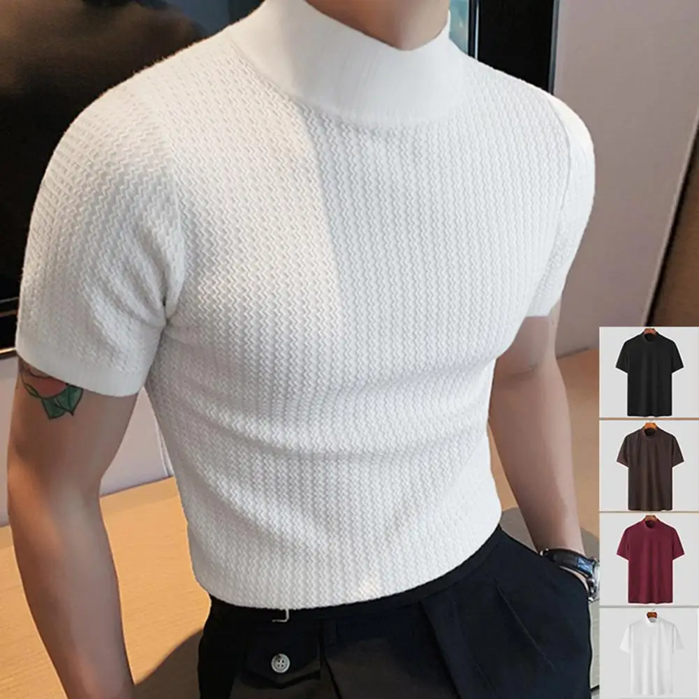 High Collar Short Sleeve Men T-shirt Wave Texture Elastic Thin Summer Casual Solid Color Bottoming Knitting Tops Streetwear