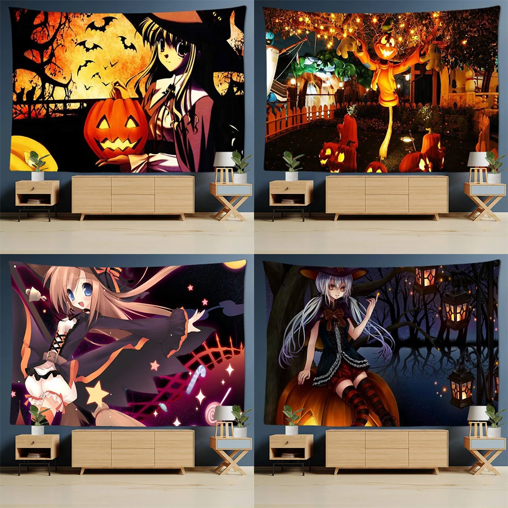 Horror Pumpkin Witch Halloween Series Printed Tapestry Home Living Room Bedroom Wall Decoration Background Fabric 