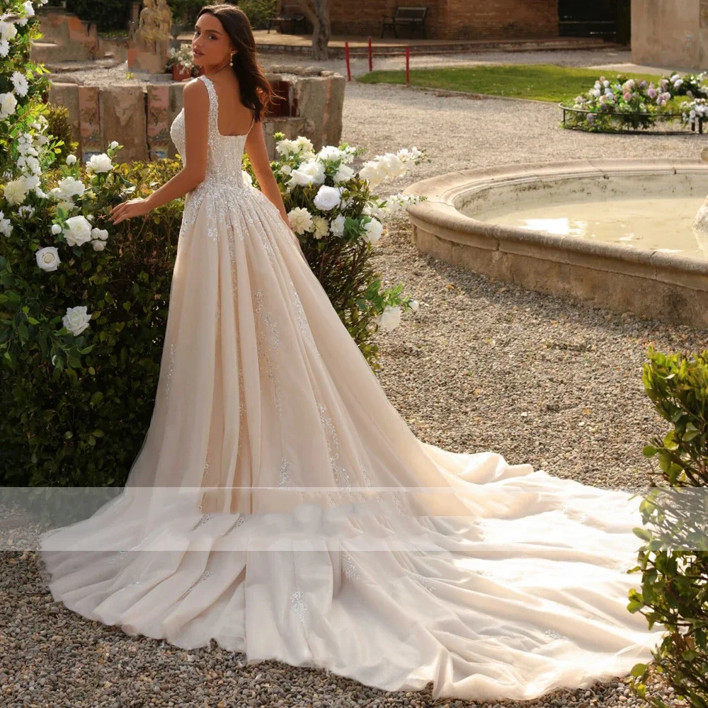 Flavinke Abiti da sposa personalizzati in pizzo a sirena 2 in 1 Abito da sposa con perline senza maniche con scollo quadrato 2025 con strascico staccabile