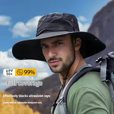 Men Wide Brim Sun Hat UV Protection Fishing Boonie Cap Breathable Safari Bucket Hat with Chin Strap for Outdoor Hiking