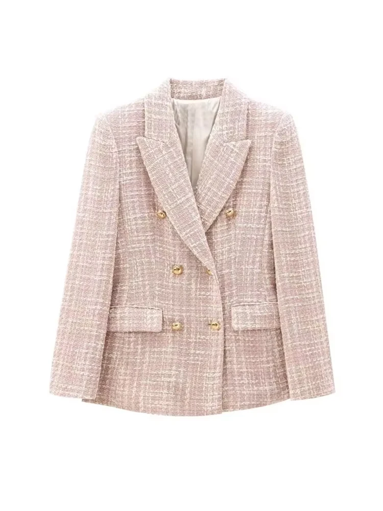 

Women's Double Breasted Tweed Blazer Coat Long Sleeve with Front Pockets Chic Female Outerwear Top