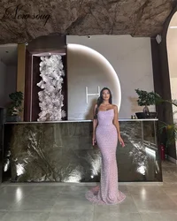 2024 Pink Mermaid Evening Dresses Sparkly Beading Pearls Cocktail Dress Vestidos De Gala Arabic Dubai Long Wedding Party Gowns