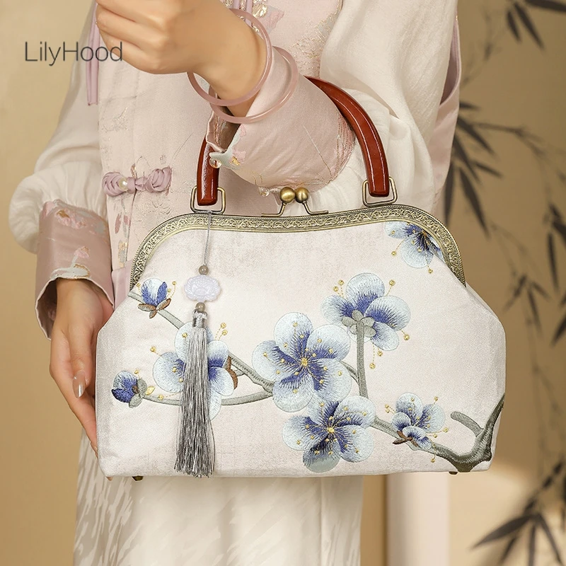 Women Vintage Floral Embroidery Fabric Medium Size Handbag 2025 Retro Chic Fringes Victorian Rococo Evening Chain Shoulder Bag