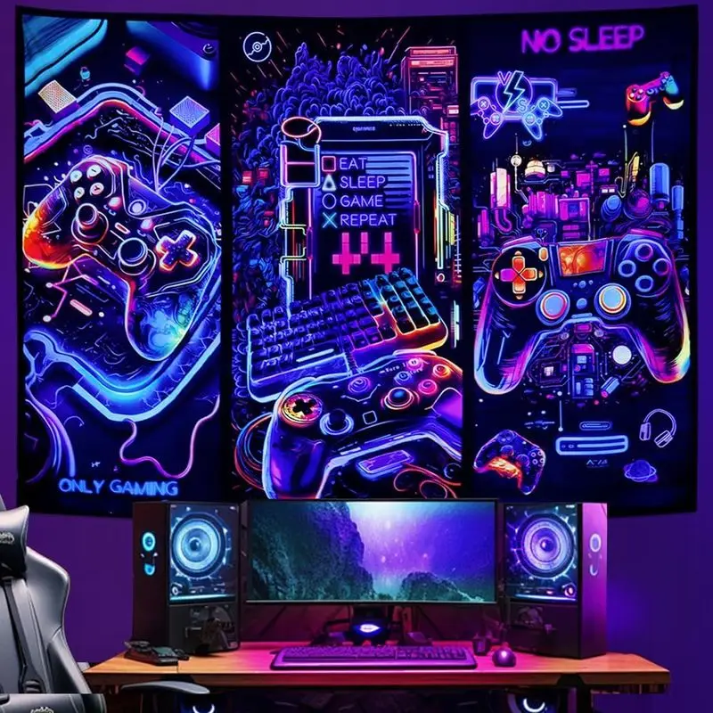 VIKAMA Cyberpunk Gaming Tapestry Dark Neon Game Gear City Scene Print Wall Hanging Teen E-Sports Dorm Room Decor Cloth