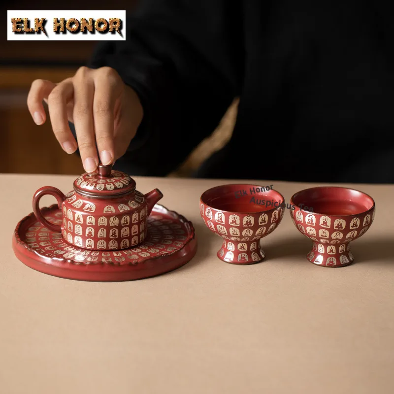 Retro Vermilion Red Buddha Buddha Tea Set Complete Set Retro Tea Ceremony Set Tea Brewing Teapot And Tea Cup Set Ornaments Gifts