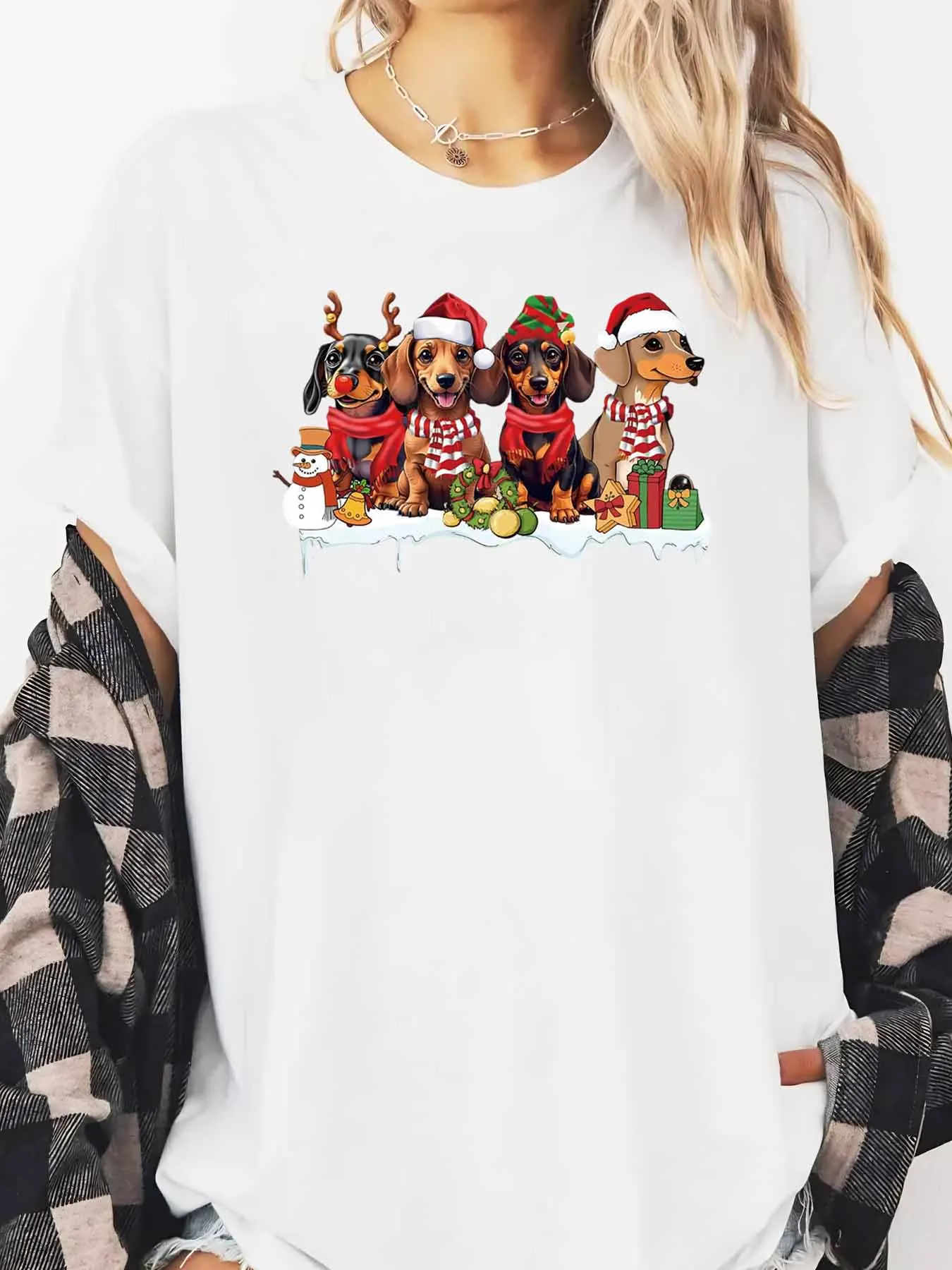Kerst teckel honden print vakantie T-shirt met lange mouwen dames casual winterkleding wit plus-size