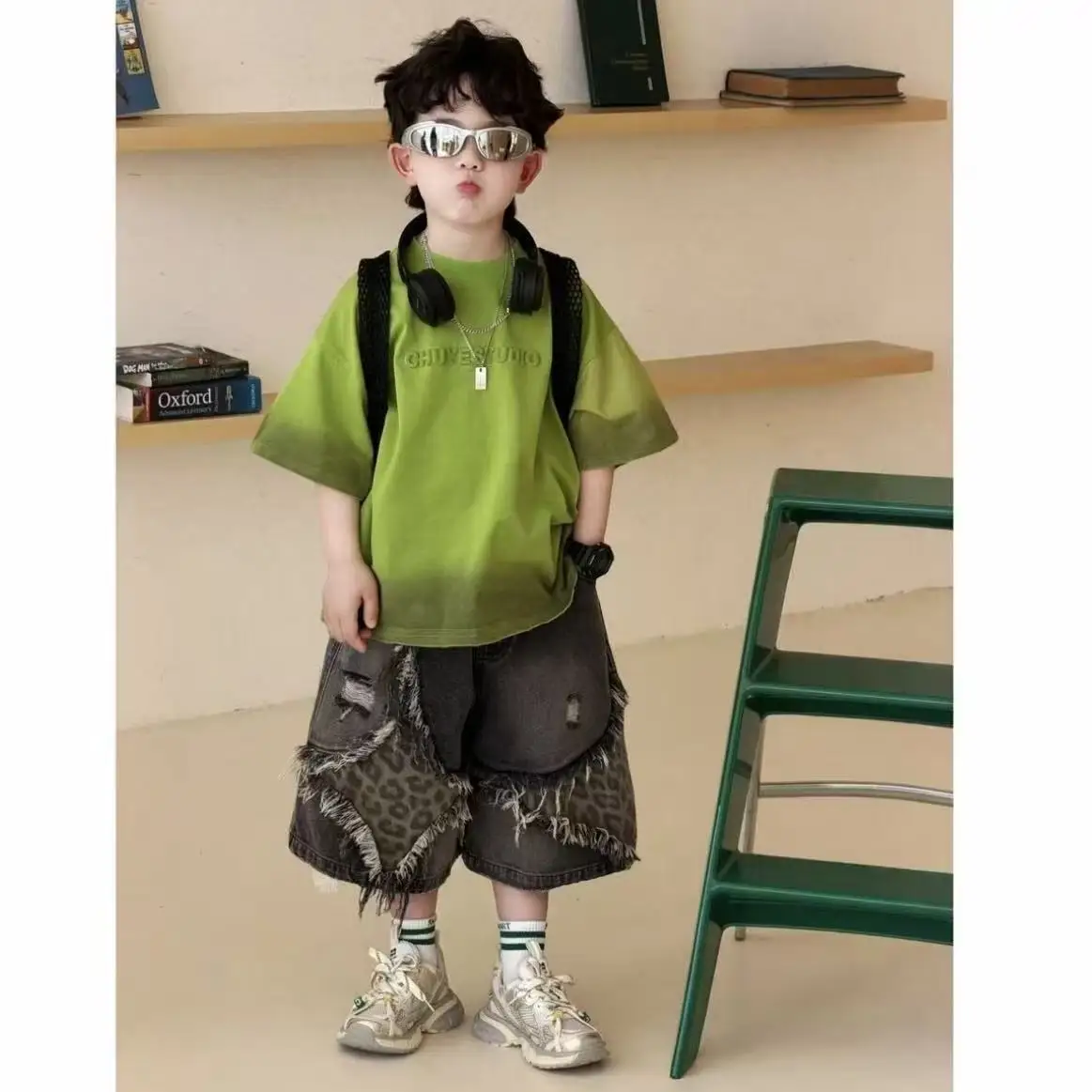 Boys' Summer Set Children's New Fashionable Gradient T-shirt Leopard Print Denim Shorts Two-piece Set