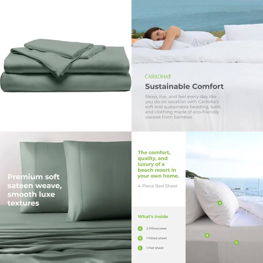 

Комплект из 4 сатиновых простыней Queen Size Ocean Mist от Cariloha Resort — вискоза, аллергенная стойкость и естественное регулирование тепла
