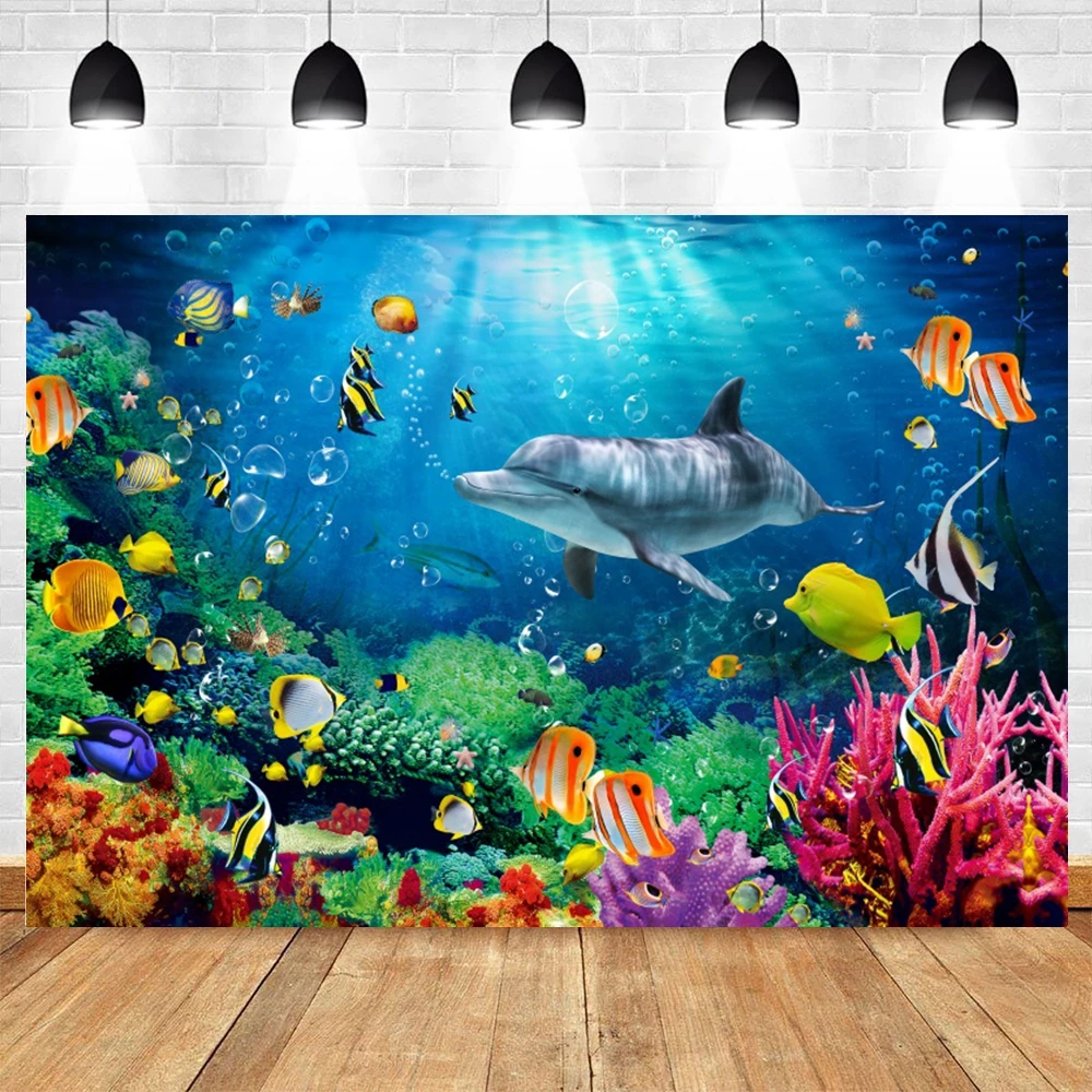 Underwater World Fish Backdrop Under The Sea Seabed Coral Shark Dolphin Turtle Baby Birthday Party Photography Background Decor