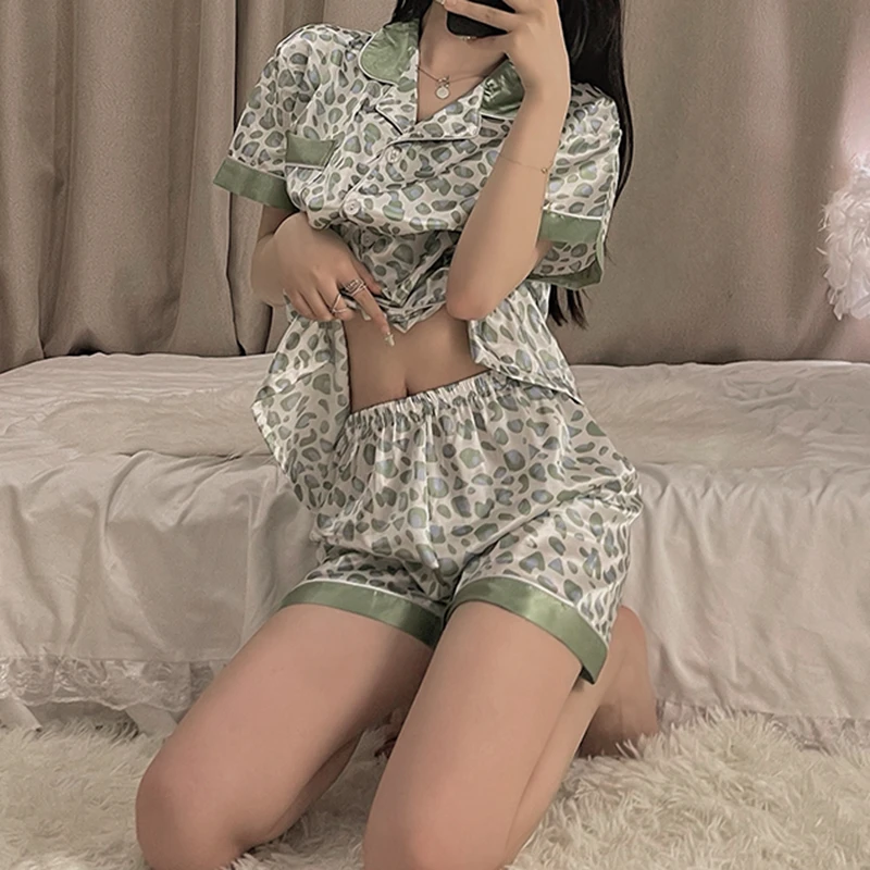 Cartoon Black Cat Cute Women Two-piece Pajamas Simulated Silk Summer Cool Short Lady Sleepwear 2024 New Classic Female Housewear