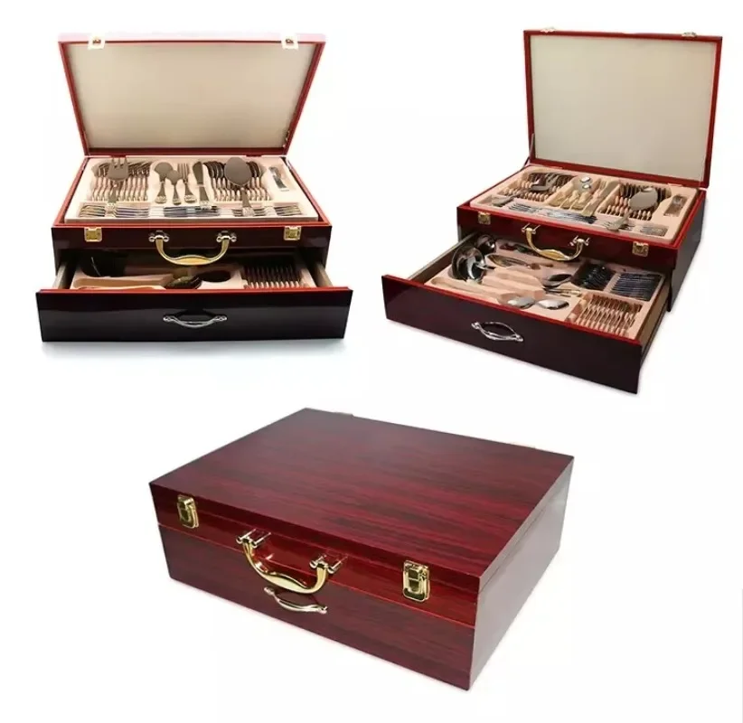 Tableware Hotel Deluxe Stainless Steel 84pcs Gold Tableware Set with Wooden Case