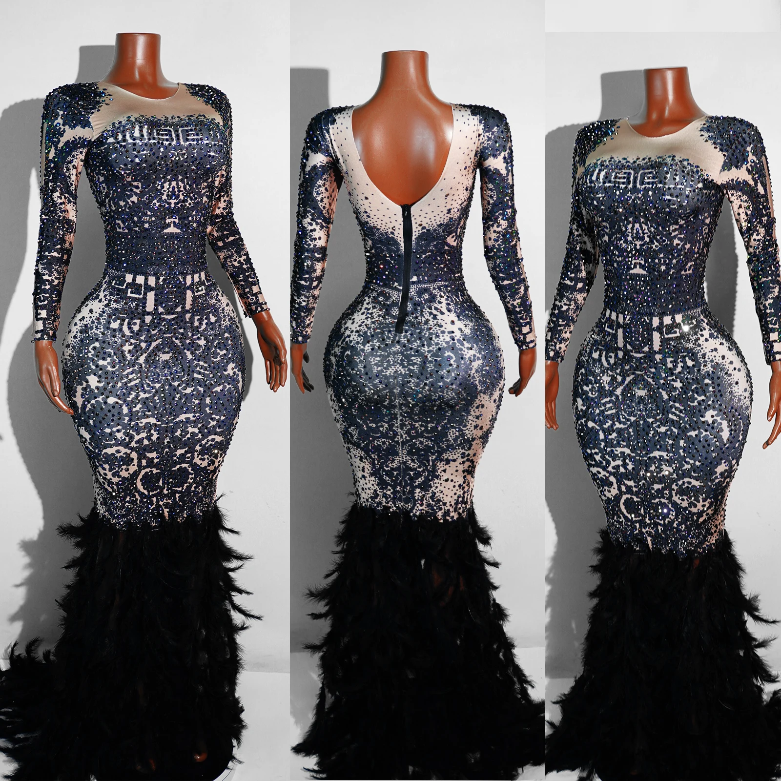 ชุดเดรสยาวทรงหางปลาประดับขนนกสีดำหรูหรา ผ้าทูลล์ซีทรู สำหรับนักร้องหญิง ดีเจ งานแสดงบนเวที งานปาร์ตี้วันเกิด