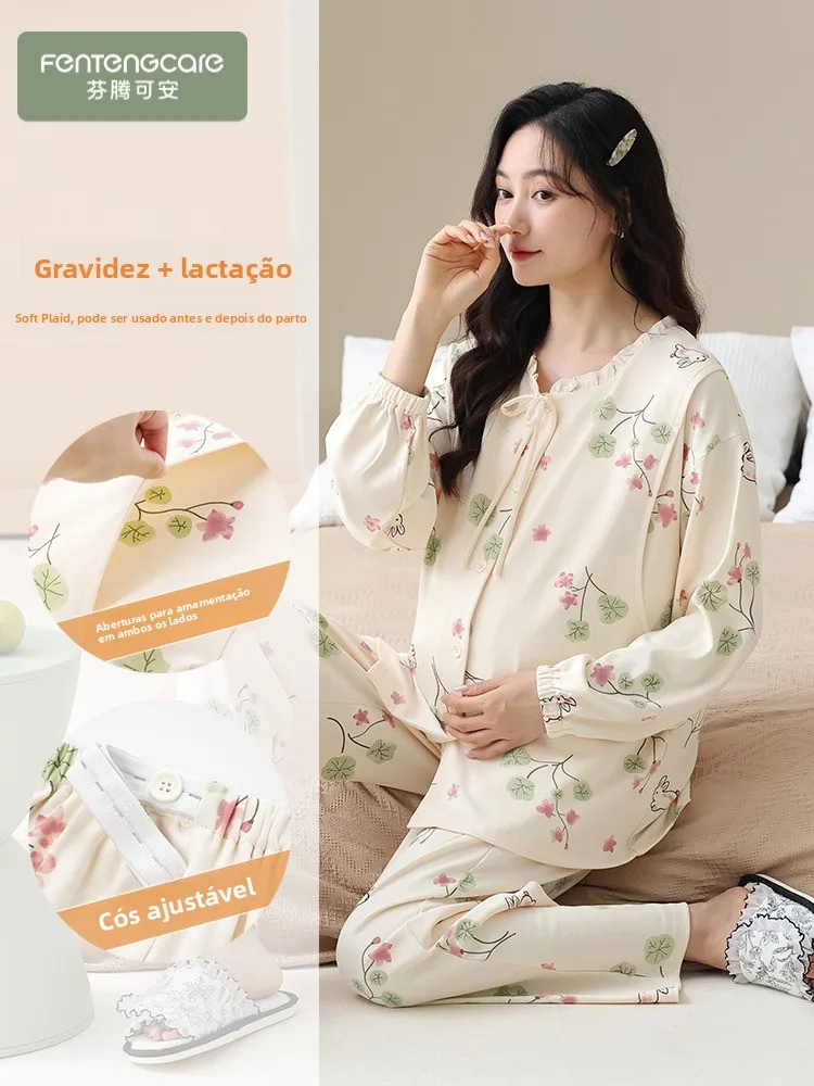 autumn-winter-long-sleeve-maternity-sleepwear-women-nursing-homecoming-clothes-two-piece-set-comfortable-cotton-pyjamas
