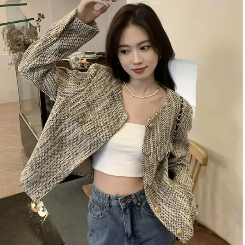 Veste courte parfumée pour femme, manteau décontracté, chemisier slim, cardigan à col rond, tempérament, printemps, automne, nouveau, 2024