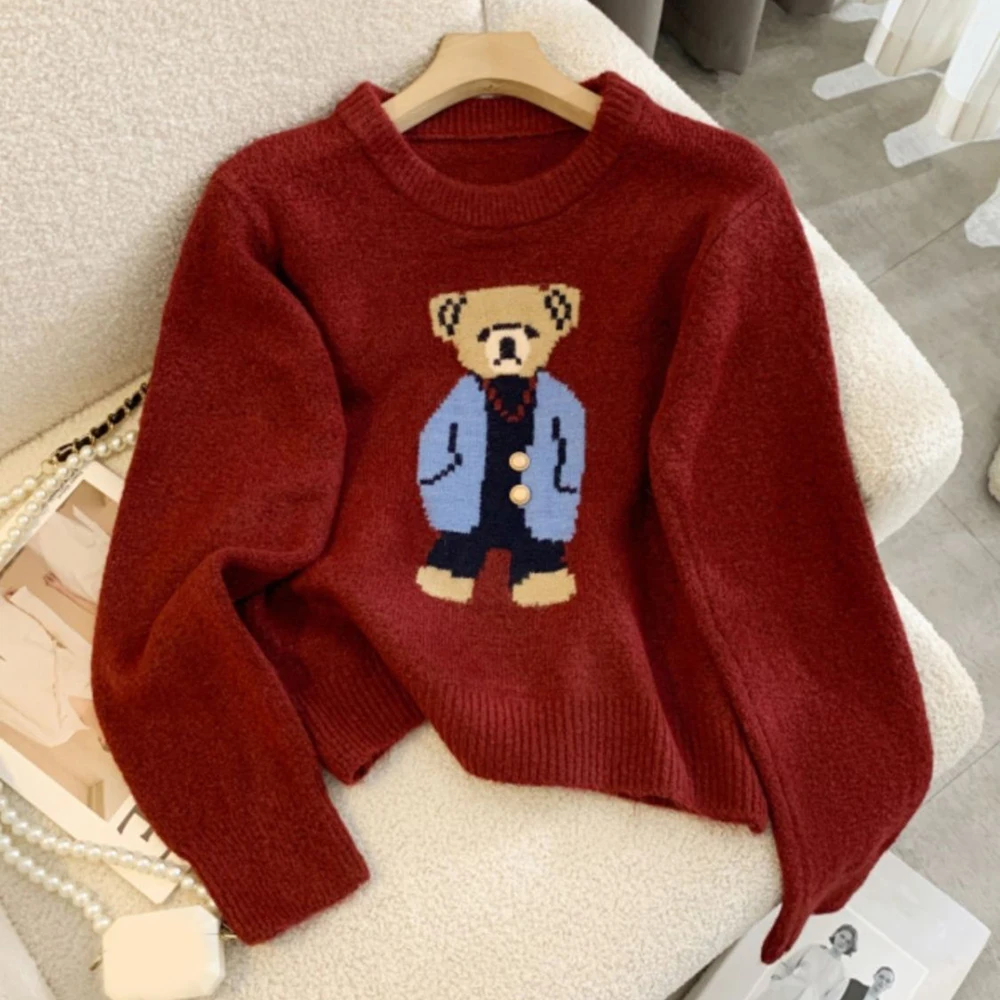 

Gentleman bear embroidered round neck pullover sweater for women, 2024 autumn and winter new knitted sweater for women