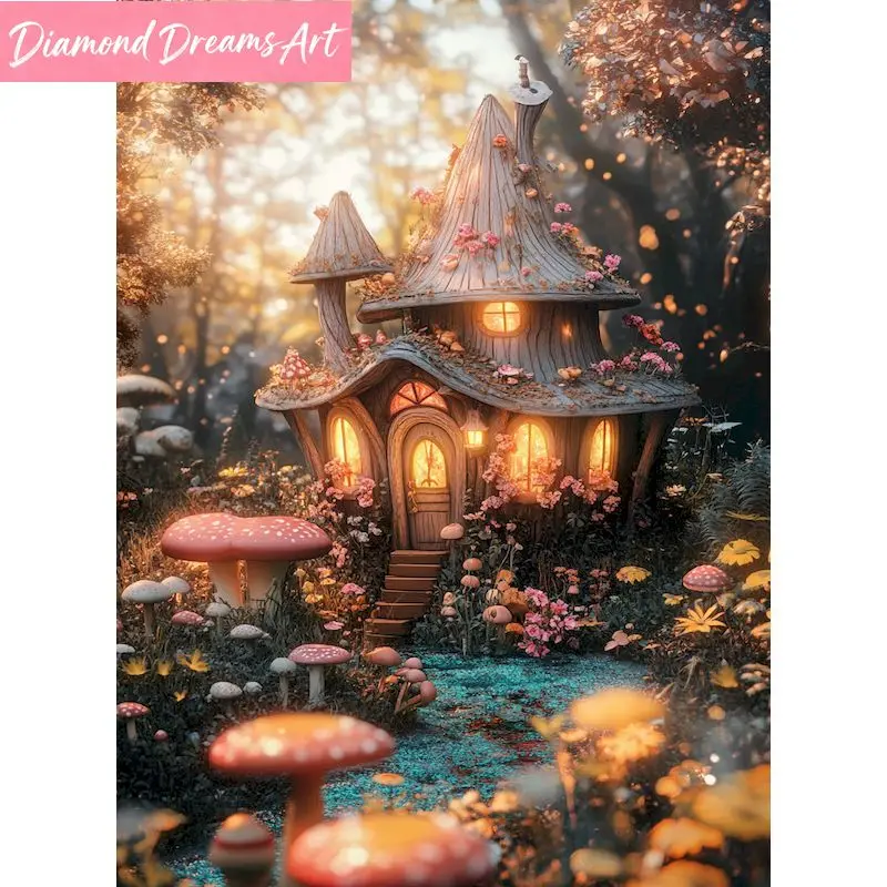 Rahmenloses, Diamant-Stickerei Fantasy-Haus Rundes Diamant-Malset mit Strasssteinen Landschafts-Mosaik Verkauf DIY-Geschenk