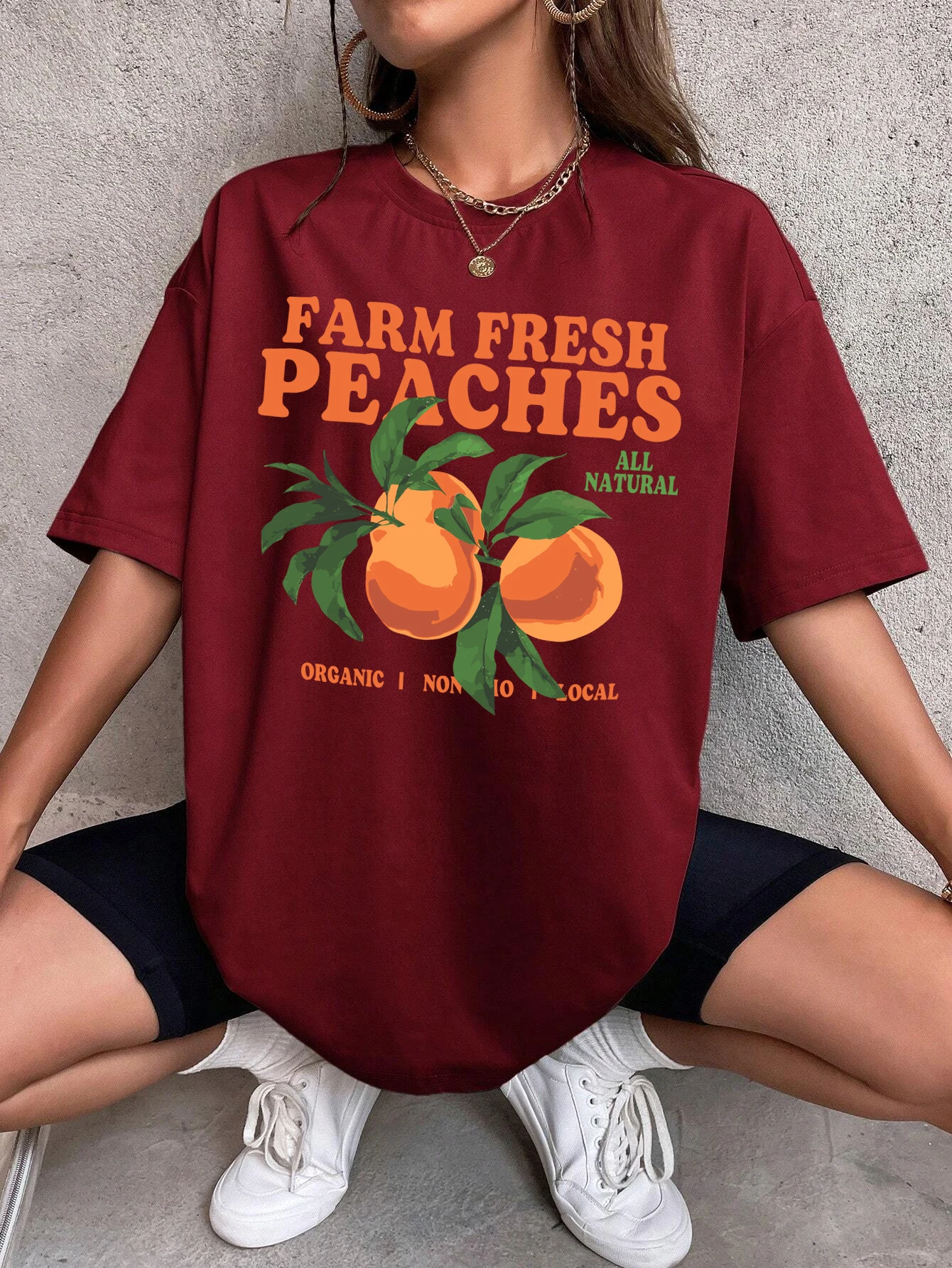 

Женская футболка с натуральным принтом Farm Fresh Peaches Y2K, повседневные футболки большого размера, хлопковая уличная одежда, летняя универсальная одежда