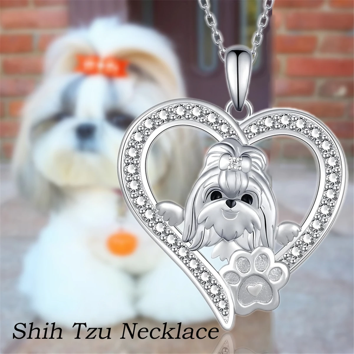 1Pc Cute Heart Shape Shih Tzu Rhinestone Necklace Exquisite Pet Puppy Memorial Jewelry Dog Lover Holiday Birthday Gift