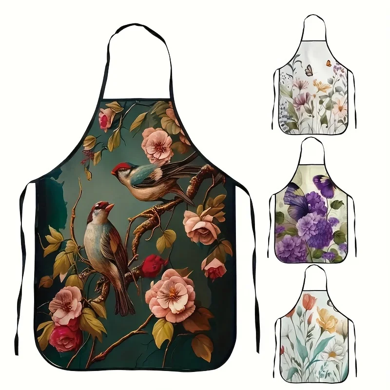 1pc Floral and Bird Print Apron Polyester Kitchen Apron for Cooking and Household Chores Baking Accessories Home Personalized