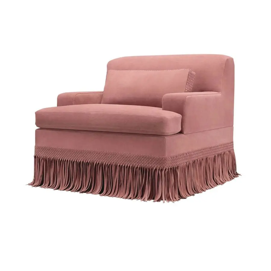 Hotel Lobby Cozy Accent Arm Chair Tassel for Sale Custom High End Luxury Living Room Pink Suede Fringes Single Sofa Club Chair