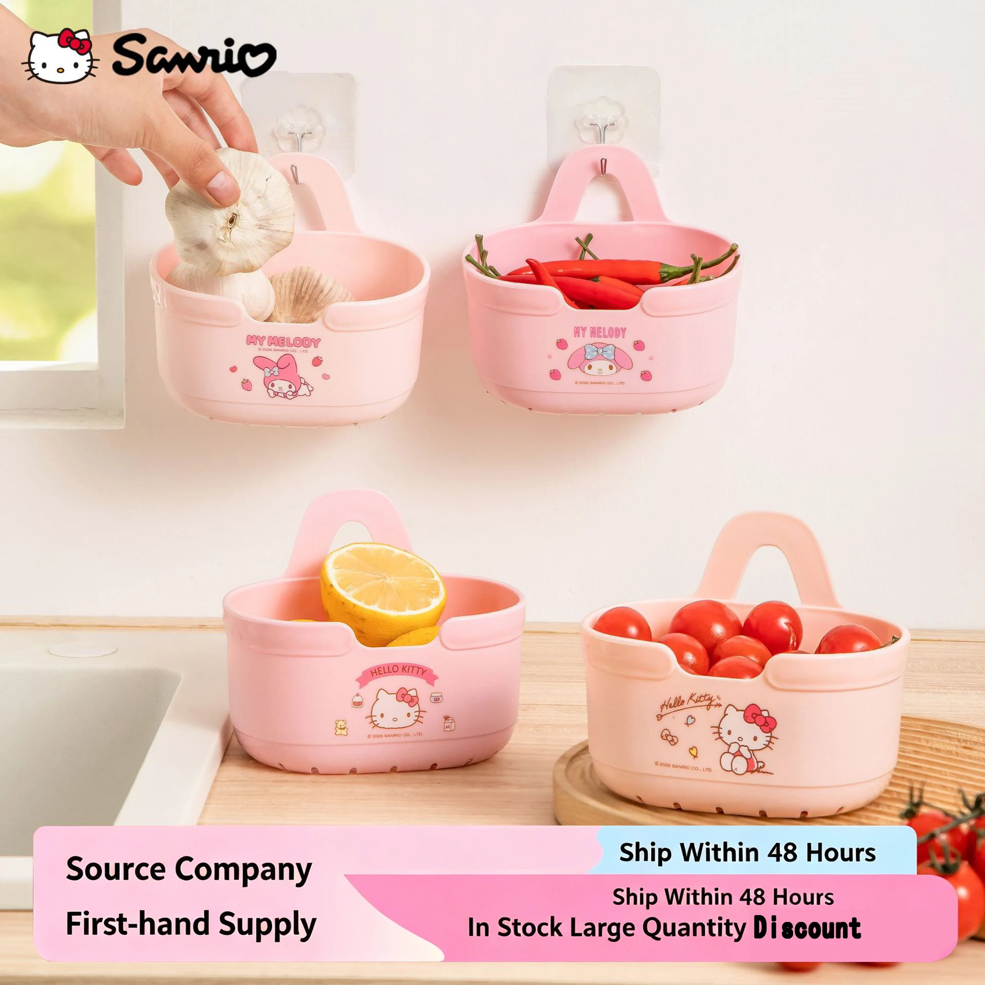 Sanrio Licensed Hanging Drain Basket Hello Kitty Melody Wall Storage Basket Kitchen Organizer