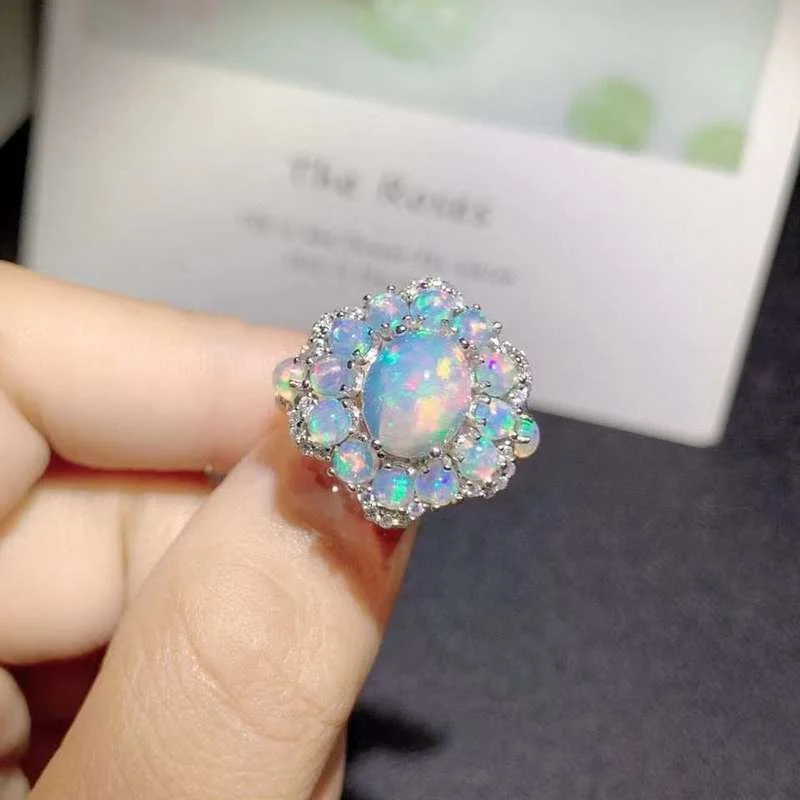 YULUM 8*10mm Australia Opal with 3mm Natural Opal Flower Design and Silver 925 Wedding Rings for Women