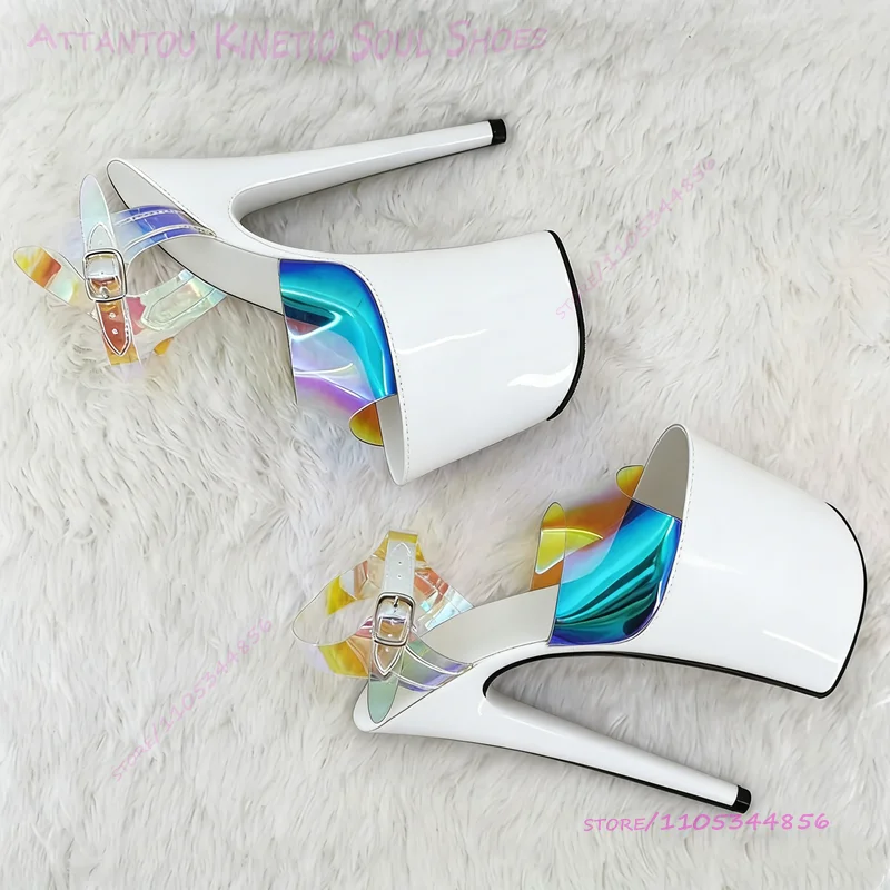 Pink Iridescent Scale Glossy Sandals 20cm Chunky Heel 8 Inch Platform Heels Black Buckle Crystal Belt Women Pole Dancing Shoes