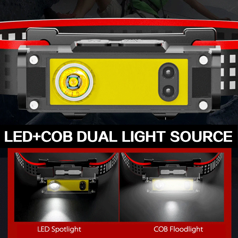 USB IR Induction Portable LED Headlamp XPE+COB Headlight 18650 Light Rechargeable Waterproof Camping Torch Powerful Head Lamp