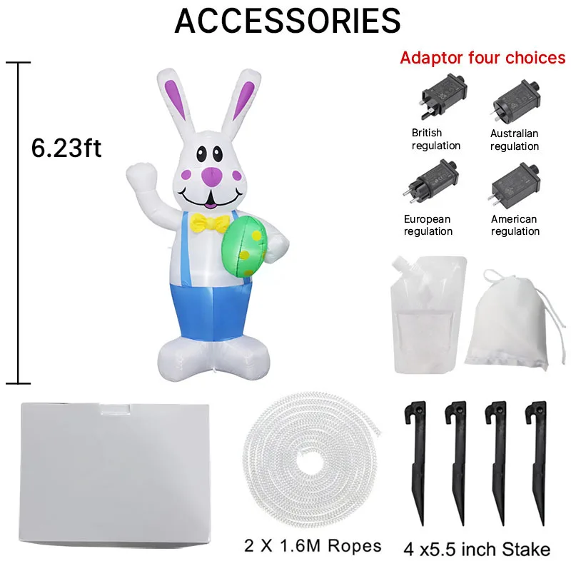 1.8M/6FT ハッピーイースターインフレータブルおもちゃ ウサギが卵を運ぶ装飾 LEDライト内蔵モデル 屋外ガーデンパーティー小道具装飾