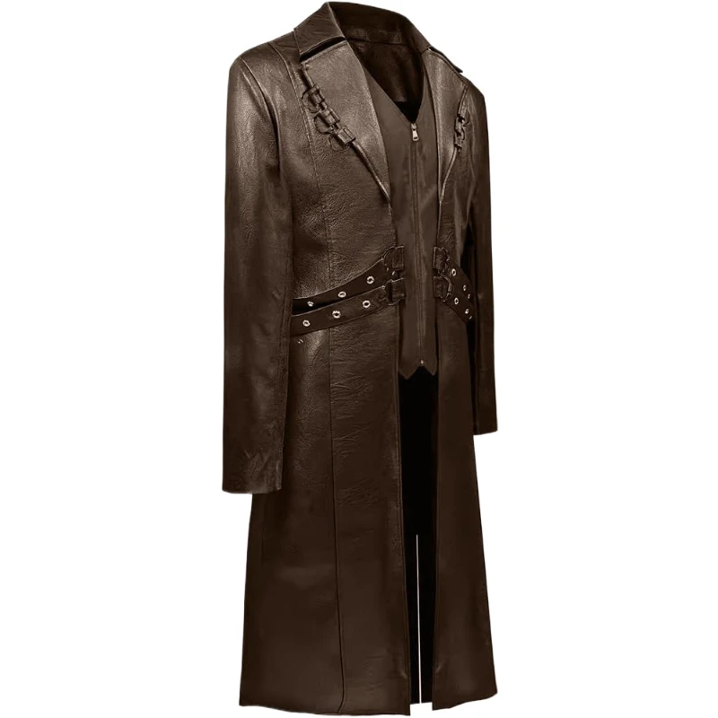 Vintage Medieval Gothic Long Leather Windbreaker European American Steampunk Men Leather Coats Assassin Elves Pirate Costume