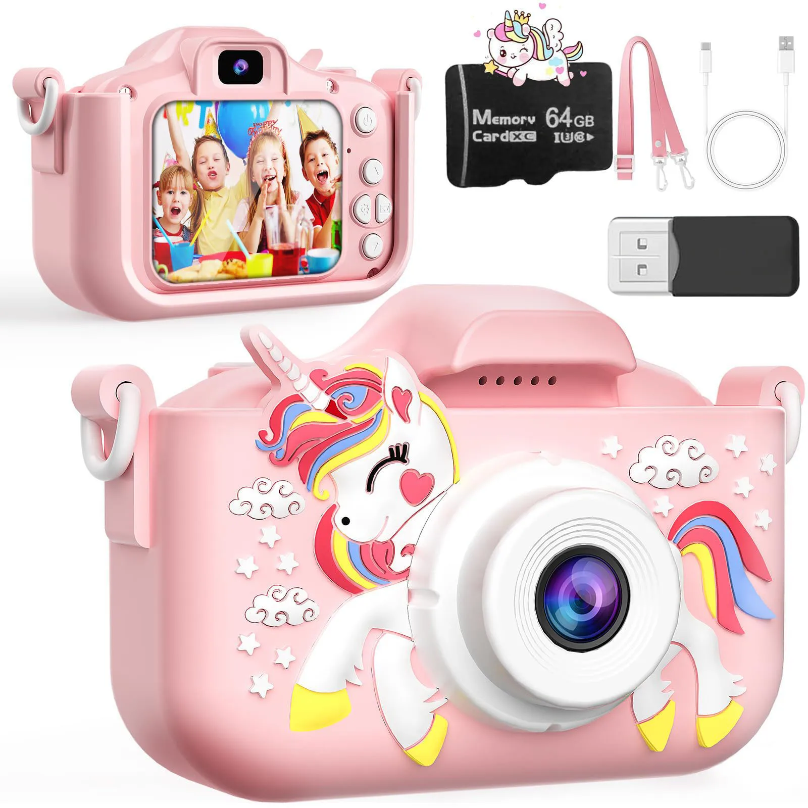 Appareil photo pour enfants avec carte mémoire de 64 Go, résolution 48 MP, enregistrement HD 1080p, cadeau parfait pour les vacances ou les anniversaire pour garçons et filles.