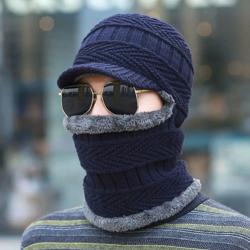 

New Woolen Yarn Skullies Beanies Hats Warm Ring Scarf With Brim Winter Beanies Thickening Windproof Men Balaclava Cycling