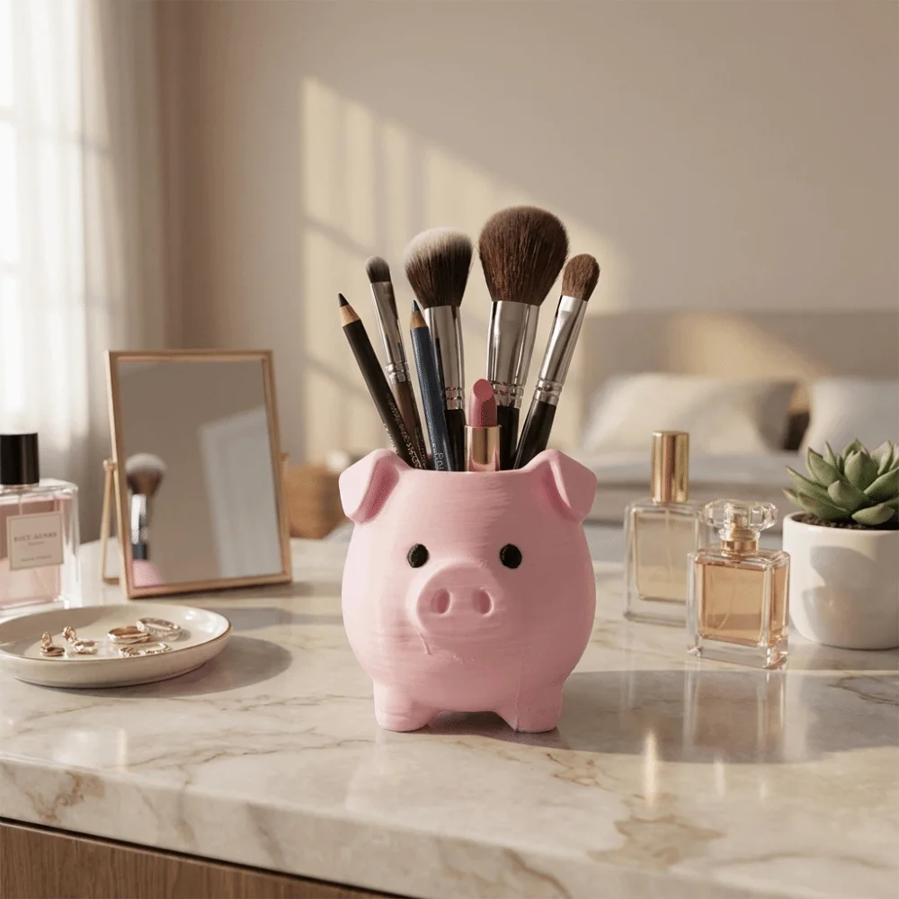 3D Printed Pig Pen Holder Cartoon Plastic Makeup Brush Holder Pig Figurine Animal Shaped Desktop Organizer Office Decor