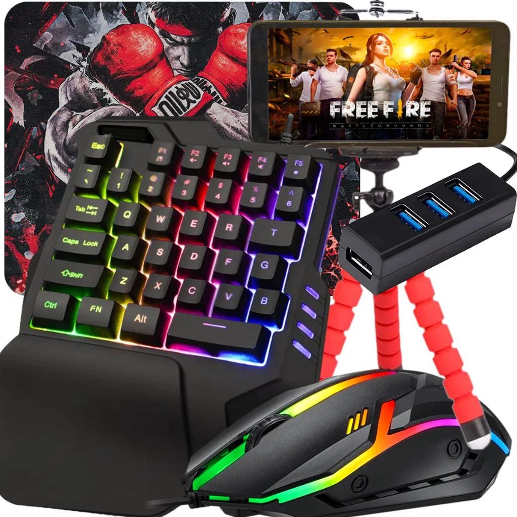 Kit Mobilador Teclado One Hand Gamer Rgb + Pad Speed Estampado + Mouse Optico 1600dpi