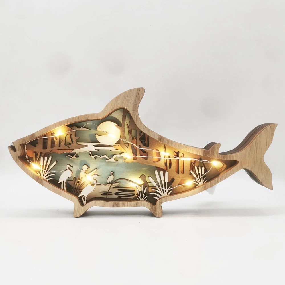 Wooden Fish Carved Decoration Craft Lamp 3D Hollow Forest Home Room Decor Figurines Ornaments Office Desktop Bedroom Decoration