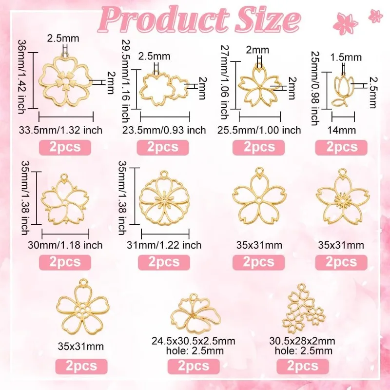 22pcs 11 Styles Flower Open Back Bezel Pendants Cherry Blossom Open Bezels for Resin Craft Sakura Hollow Frame Pendant Alloy