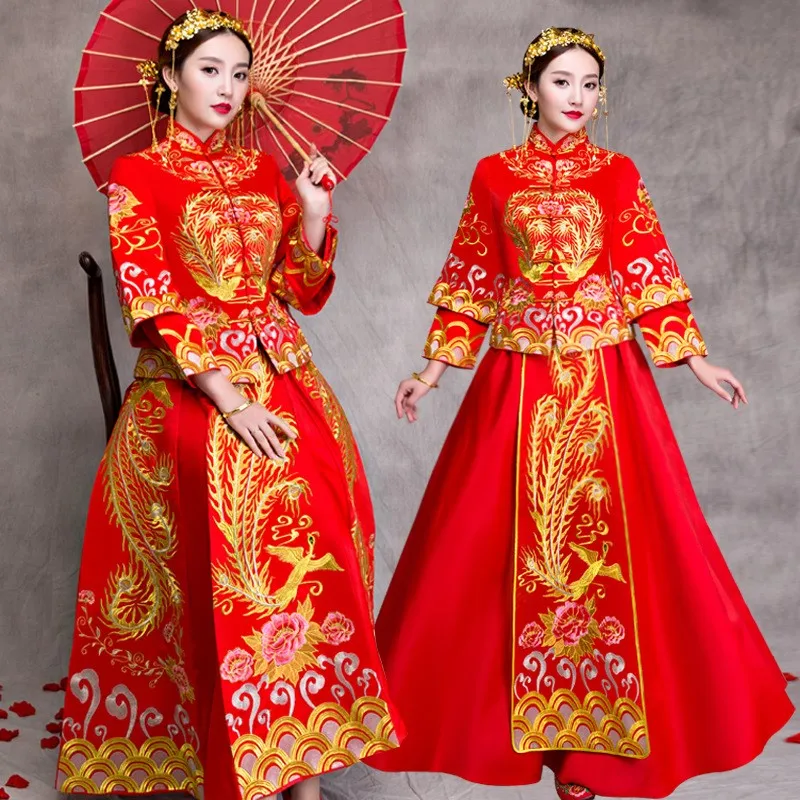 

The new style of dragon and Phoenix gown Chinese wedding dress for pregnant women with long sleeves toasting attire
