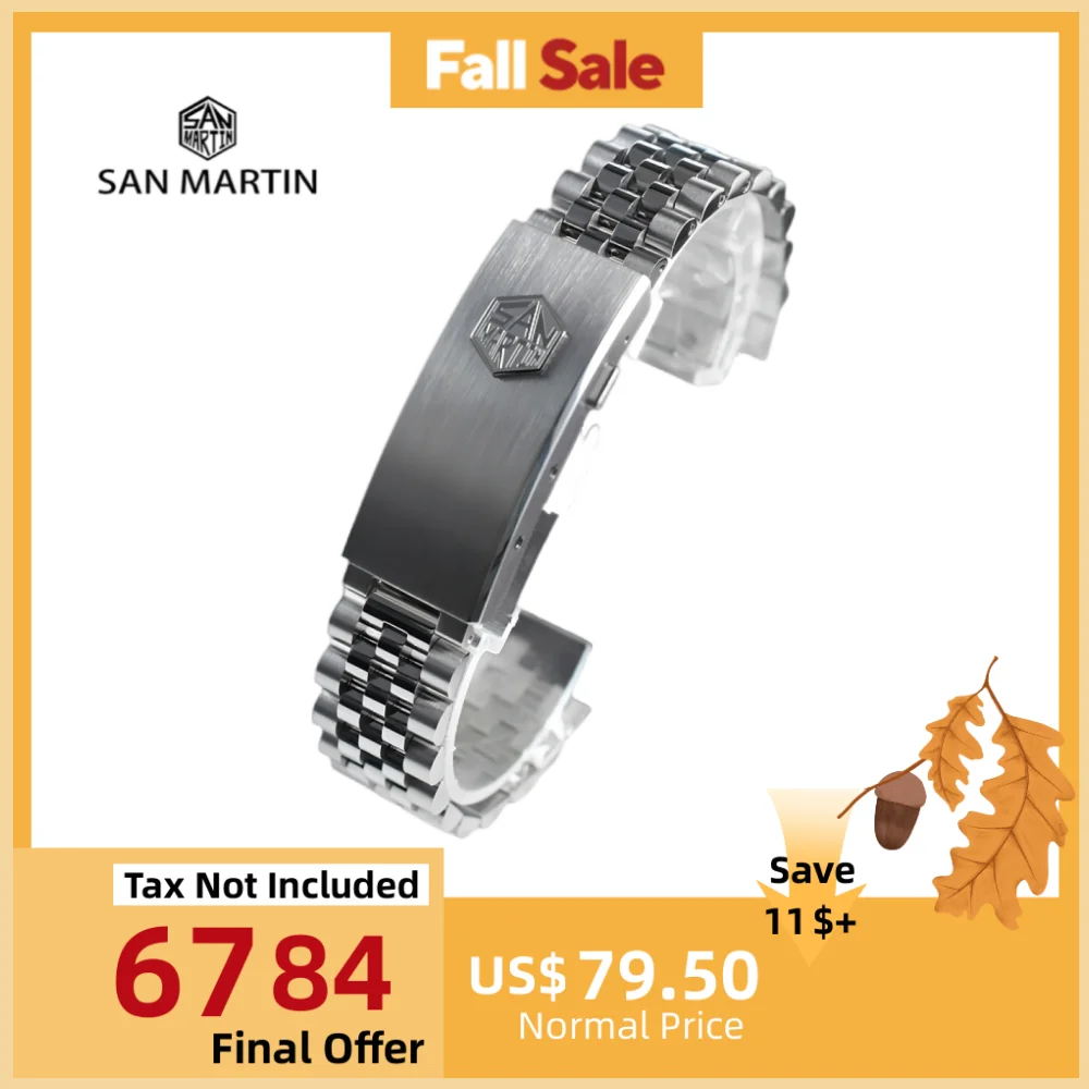 

San Martin 20mm 5-Link Bracelet Solid 316L Stainless Steel Fly Adjustable Clasp Curved End Links Fit For SN0008 / SN0128