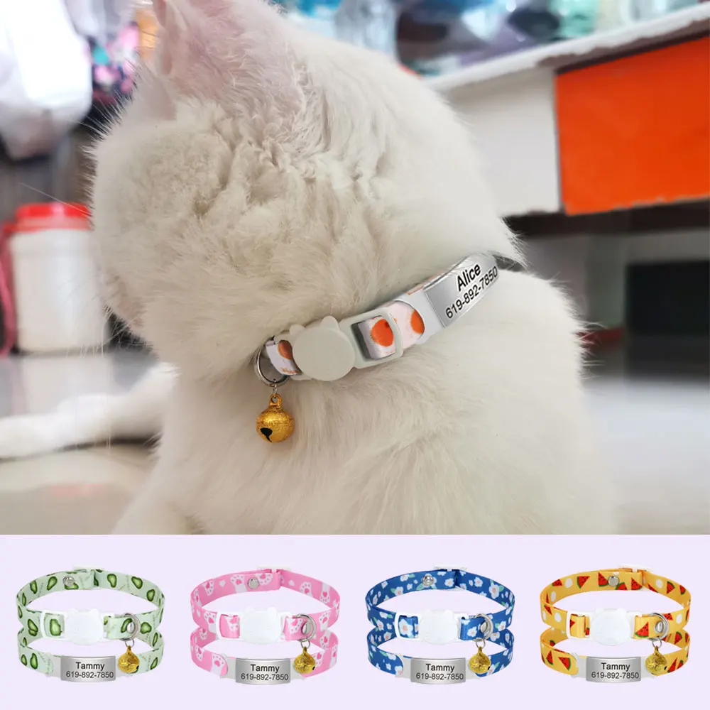 

Personalized ID Tag Cat Collar With Bell Safety Breakaway Cats Collars Quick Release Cute Necklace Free Engrave For Cats Kitten