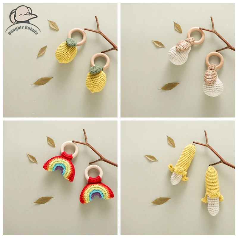 

1PC Baby Ratter Toys Wooden Teether Crochet Fruits BPA Free Rattle Toy Newborn Amigurumi Teether Baby Rattles Gifts For Newborn