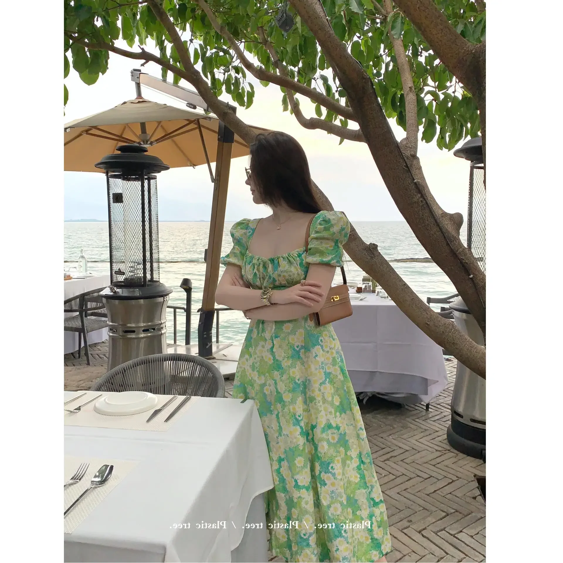 French Vintage Style Waist-fitted Side Slit Dress Women's Summer Flower Green Chiffon Dress Belly Covering