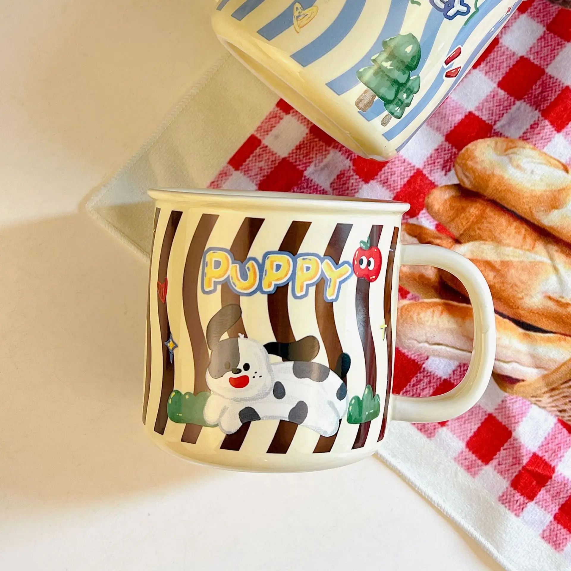 

Cartoon Cup Striped Puppy Mug Cute Childlike Large Capacity Cartoon Retro Ceramic Mugs Breakfast Milk Coffee Cups Gift Tableware