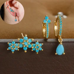 3pcs Stainless Steel Vintage Blue Flower Hoop Earring Set For Women Turquoise Water Drop Geometric Piercing Party Jewelry