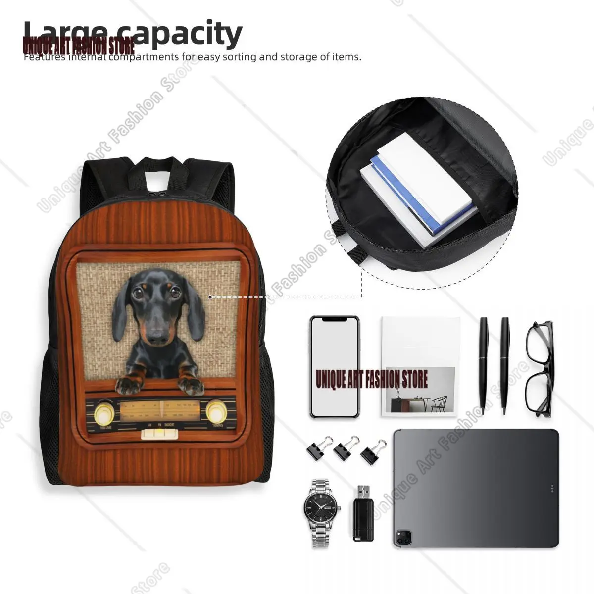 Dachshund Dog On Radio Backpack for Men Women College School Students Bookbag Fits 15 Inch Laptop Badger Wiener Sausage Bags view 5