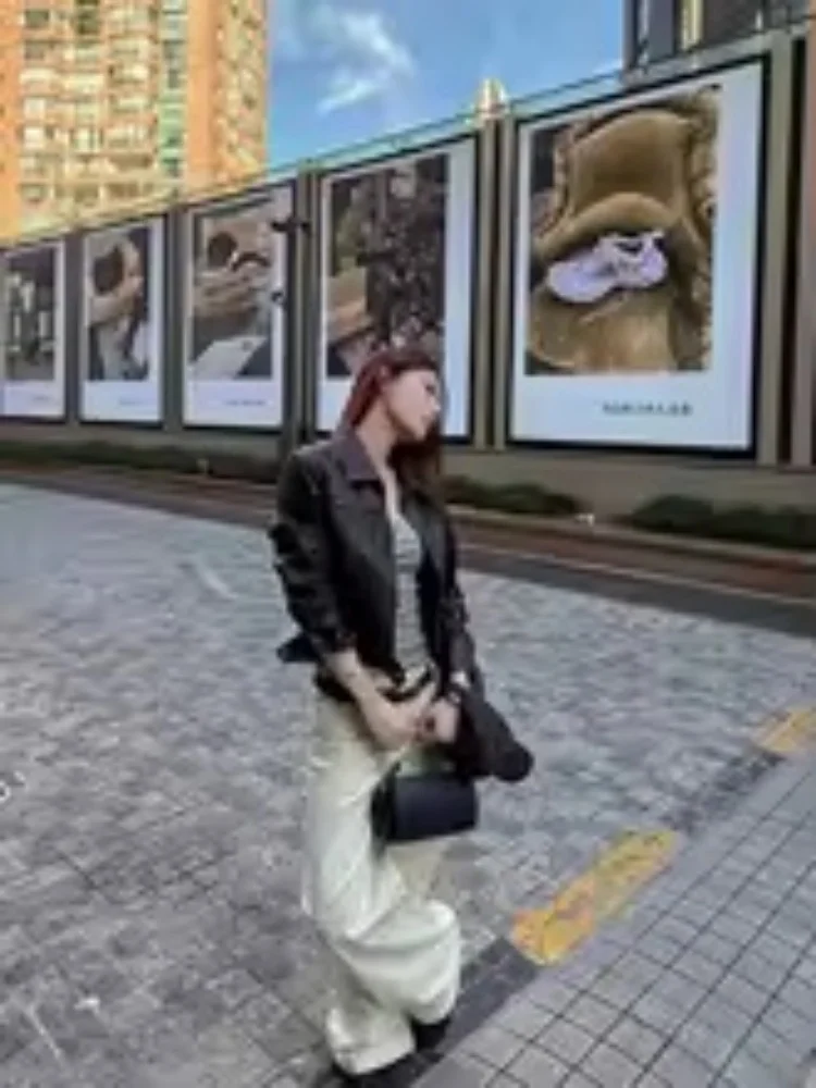 American Short Leather Jacket Women's Cool Cruel Wind Slimming Long Sleeves Zipper Motorcycle PU Jacket Top