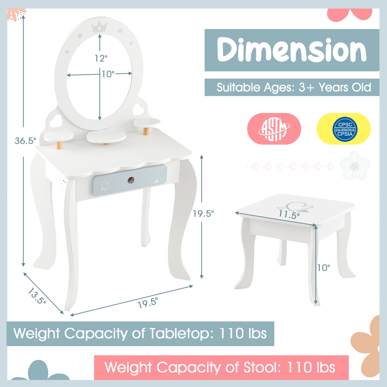 Kids Vanity Set Makeup Table & Chair Sweet Accessories Included Storage Drawer