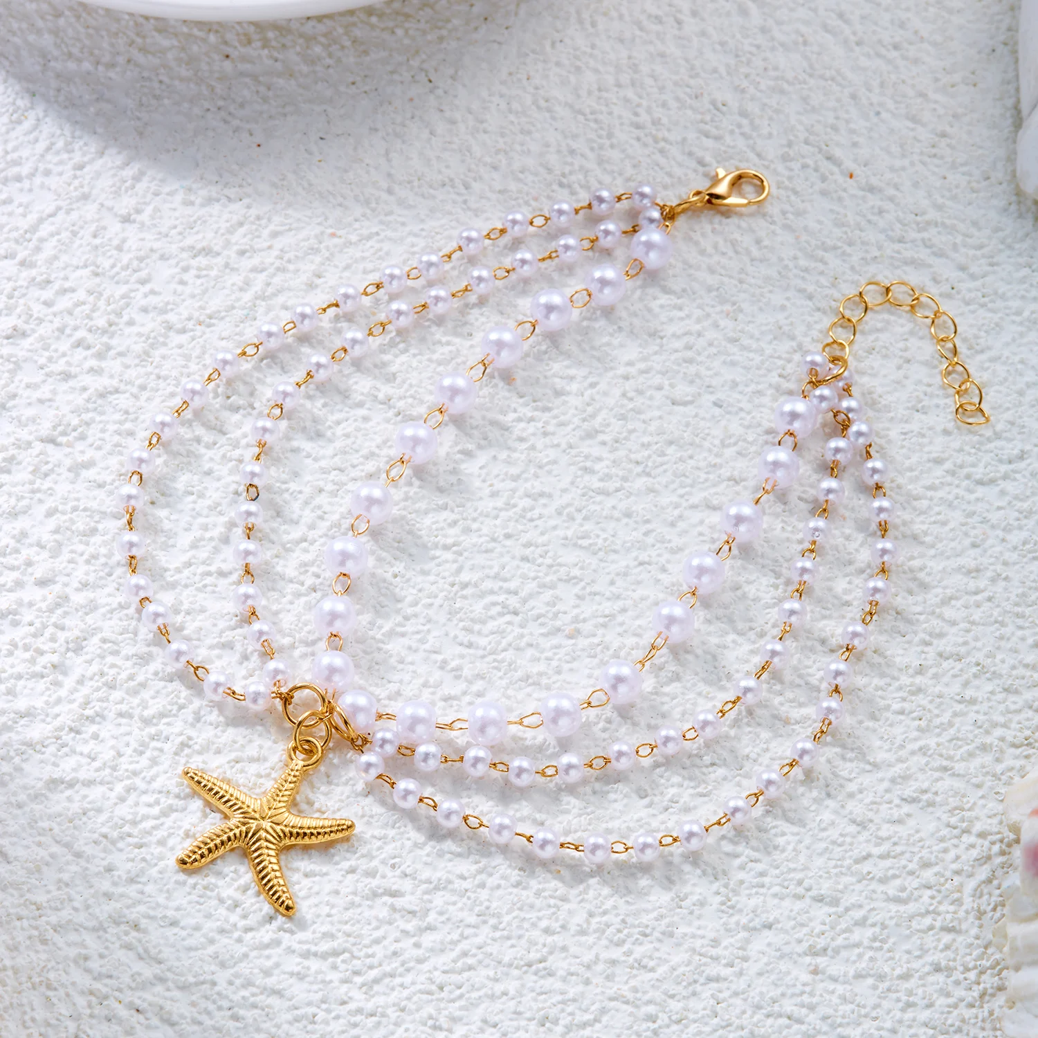 Böhmische Mehrschichtige Imitationsperlen-Quasten-Fußkettchen für Frauen Metall-Seestern-Anhänger Armband für das Bein Strand Barfuß-Schmuck – Detail 5